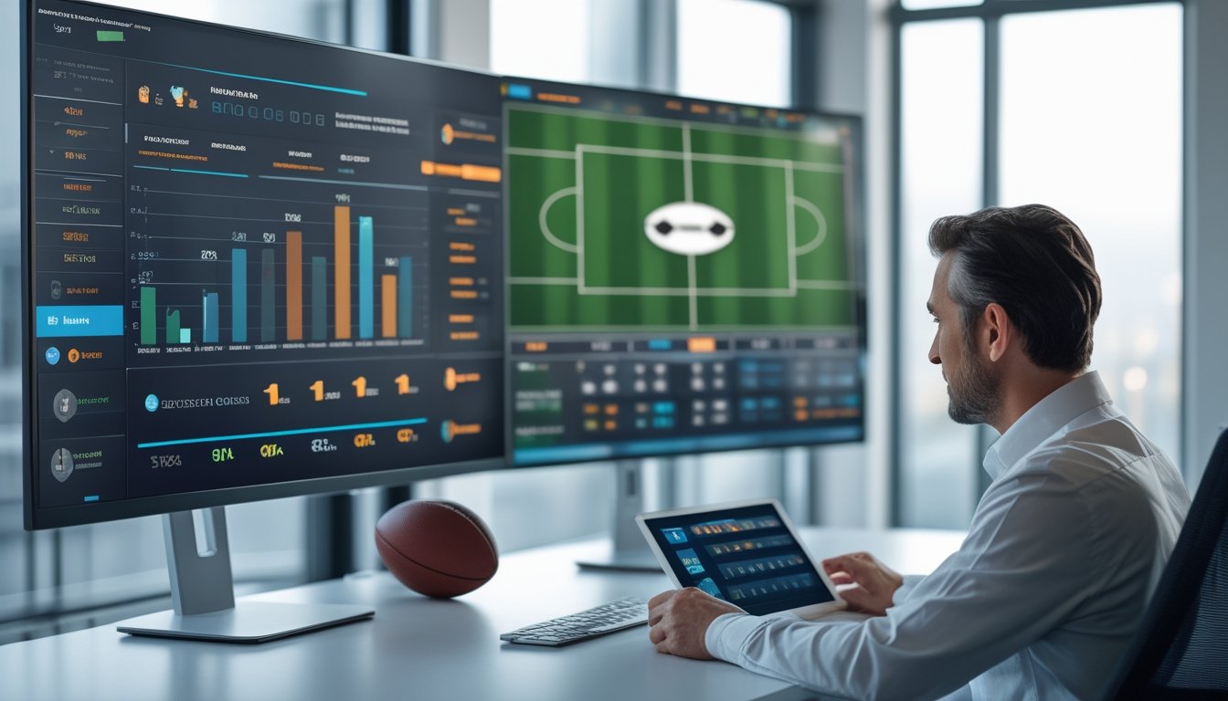 Seorang analis profesional memeriksa dashboard pertandingan sepak bola di ruang kerja modern.