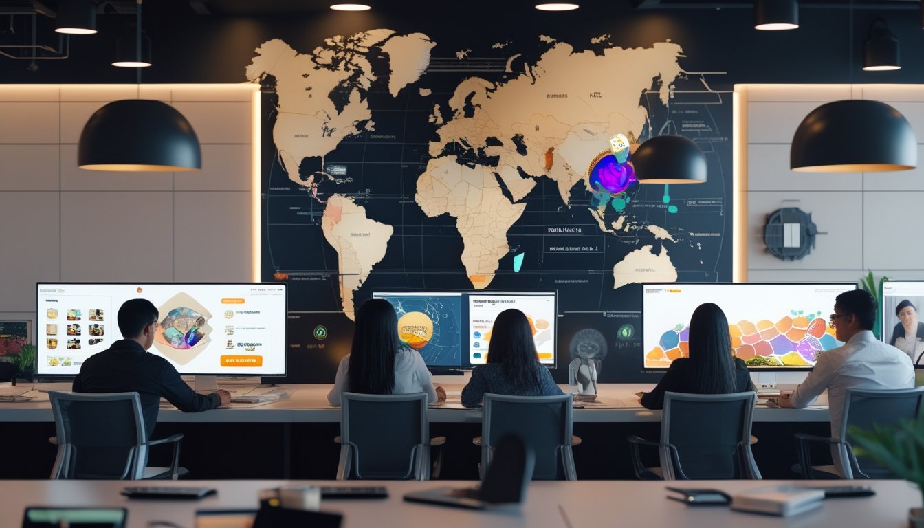 Sekelompok profesional Indonesia bekerja di kantor modern dengan layar digital berwarna-warni.