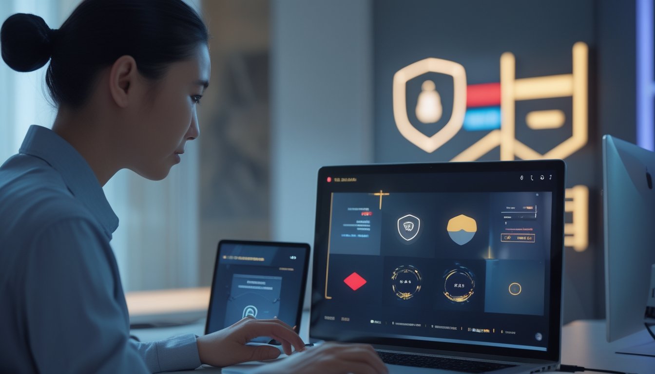 Pengguna dewasa Indonesia mengakses platform permainan digital melalui laptop dan ponsel di ruang kerja modern.