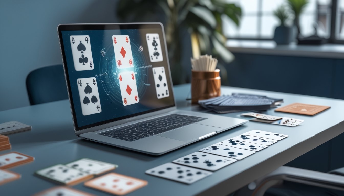 Laptop dengan tampilan permainan kartu abstrak, kartu remi, dan keping domino di atas meja kerja modern.