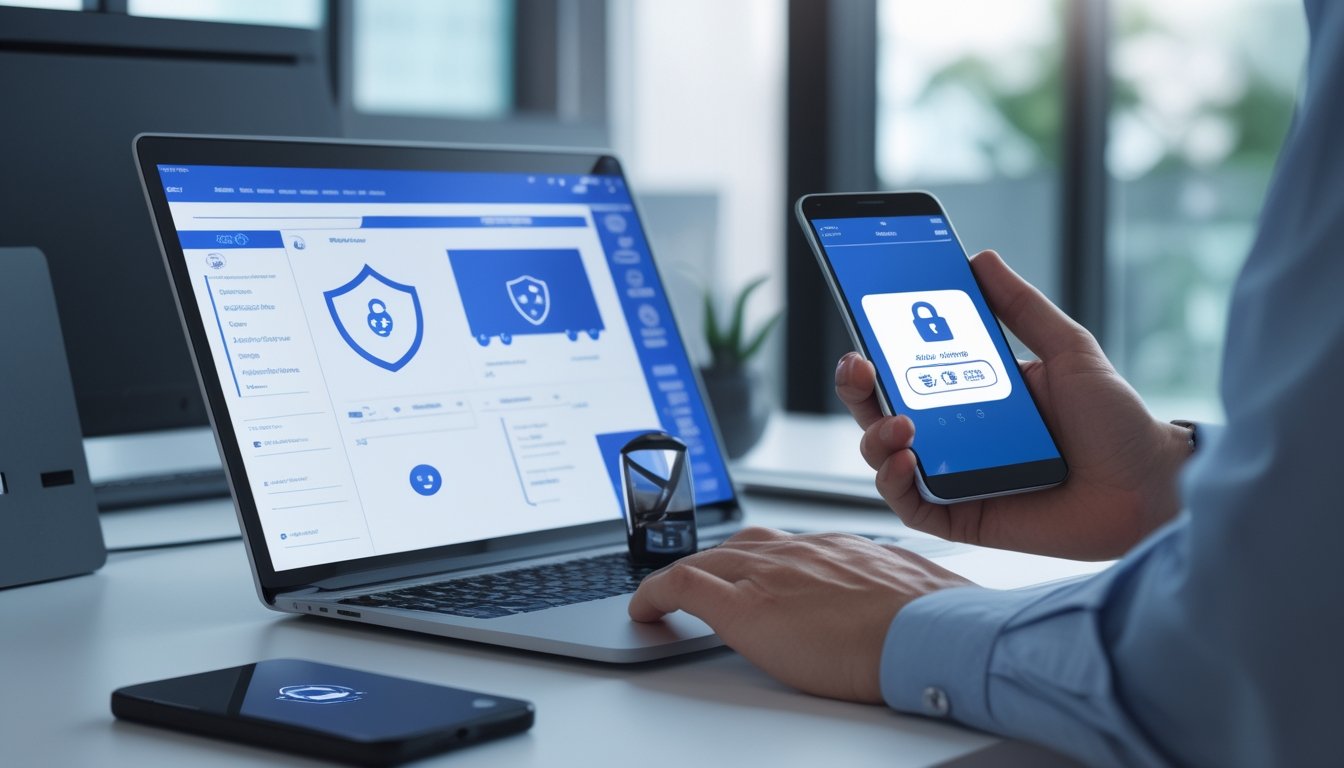 Analis keamanan meninjau indikator keamanan dan legalitas platform digital di laptop dan ponsel.