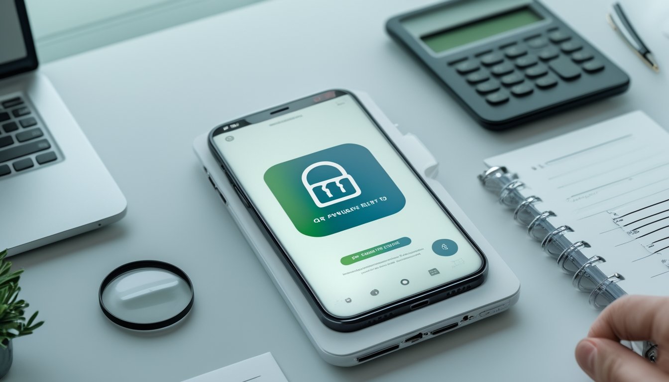 Ponsel dengan antarmuka pembayaran QR abstrak diletakkan di meja bersama tablet, buku catatan kosong, kaca pembesar, dan kalkulator.