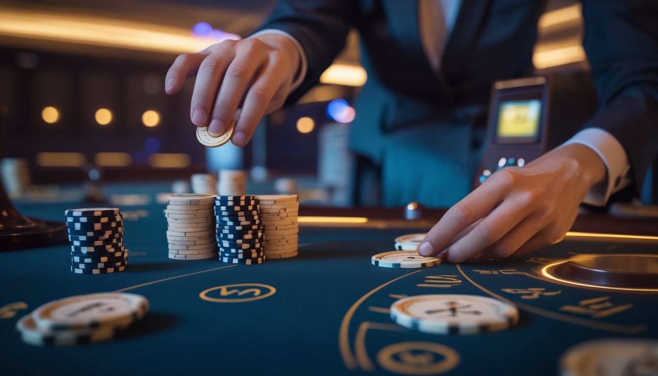 Roda roulette dan keping taruhan di meja kasino dengan suasana elegan.