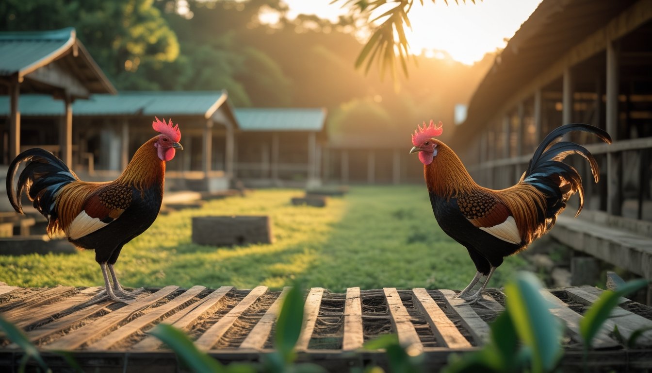 Dua ayam jantan berdiri tenang di kandang kayu yang bersih dengan latar lingkungan tropis.