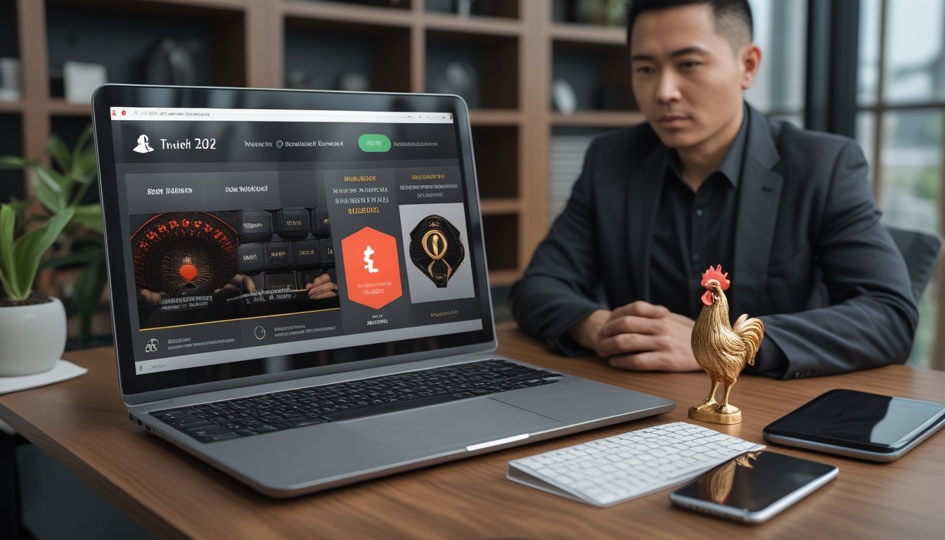 Profesional Indonesia meninjau platform digital bertema ayam jago di laptop dalam ruang kerja modern.