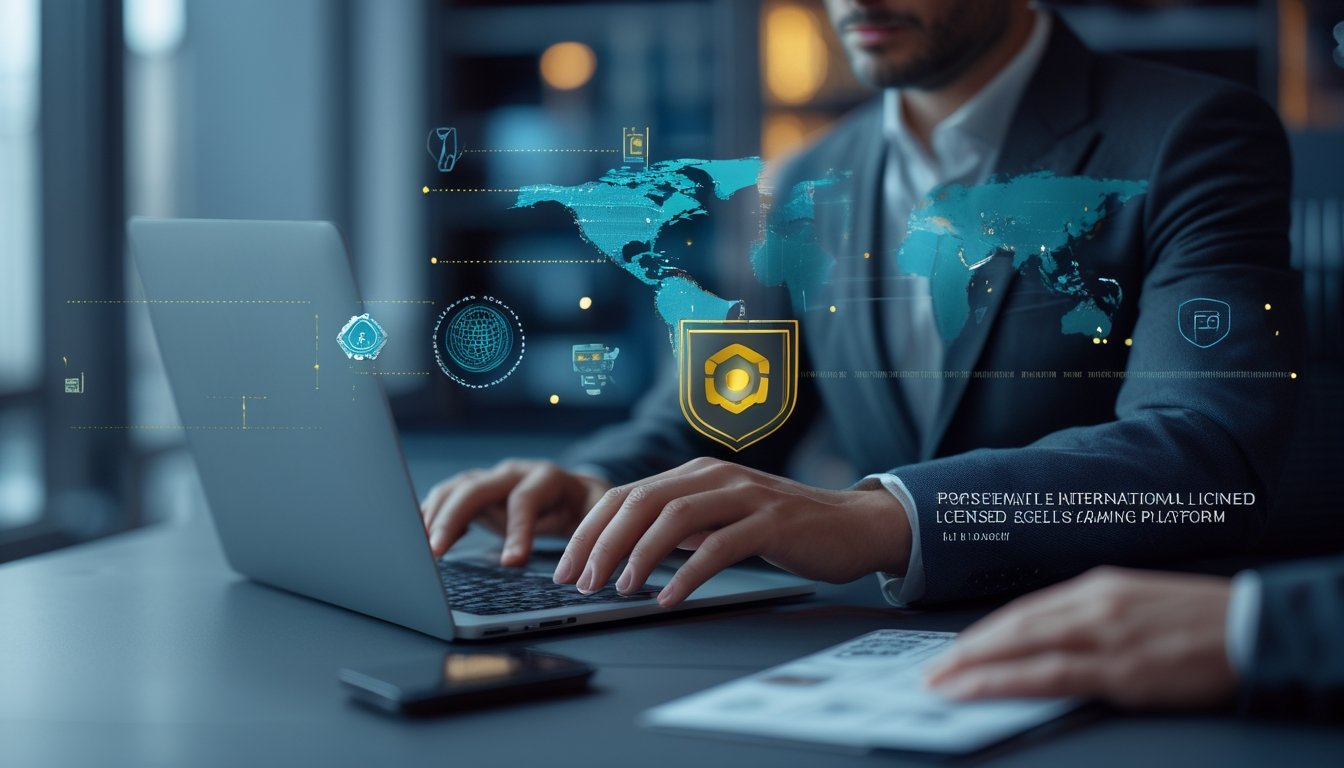 Orang dewasa meninjau platform hiburan digital yang aman di laptop dalam ruang kerja modern.