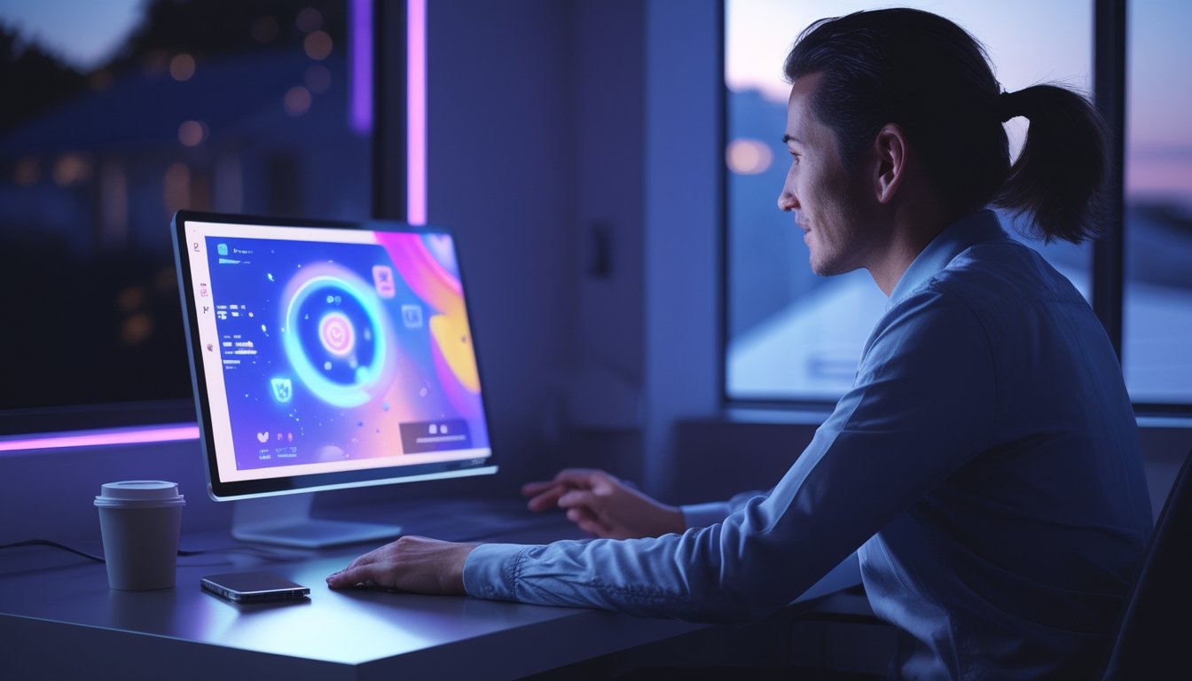 Seseorang menggunakan laptop di ruang kerja modern pada malam hari dengan tampilan permainan digital yang buram.