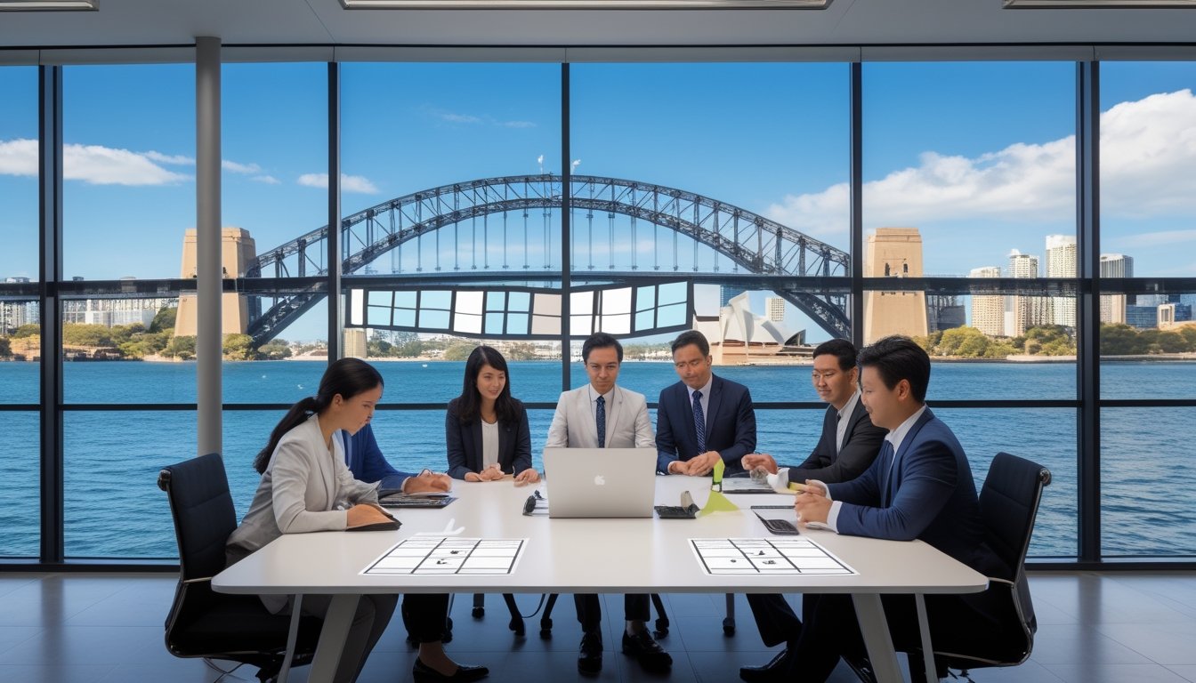 Para profesional berdiskusi di kantor modern dengan pemandangan Sydney dan perlengkapan analisis di atas meja.