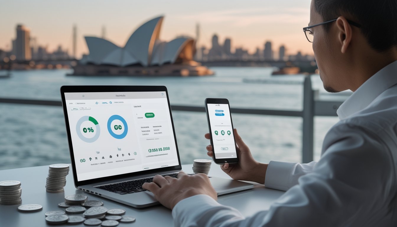 Seseorang meninjau layanan pembayaran digital di laptop dengan ponsel, koin perak, dan latar siluet kota Sydney.