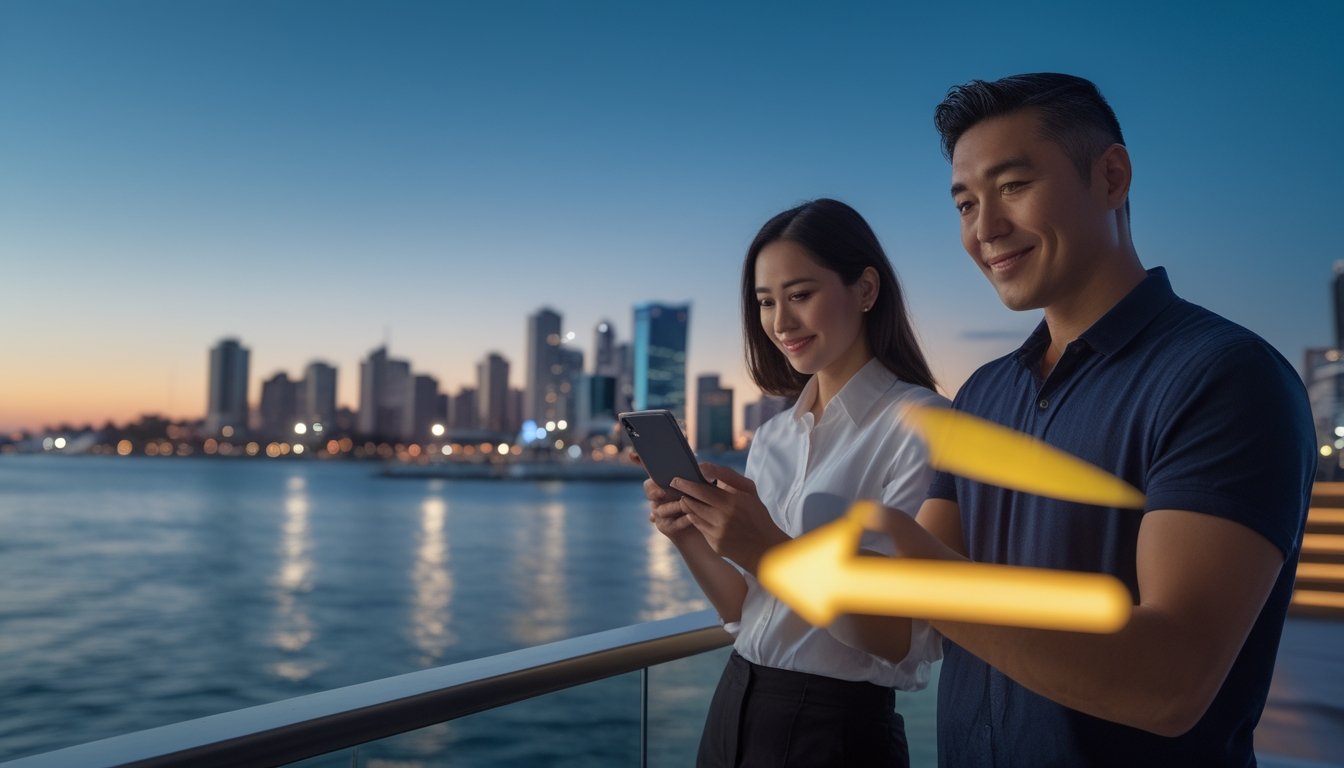 Dua orang menggunakan perangkat digital dengan latar suasana kota Sydney pada waktu senja.