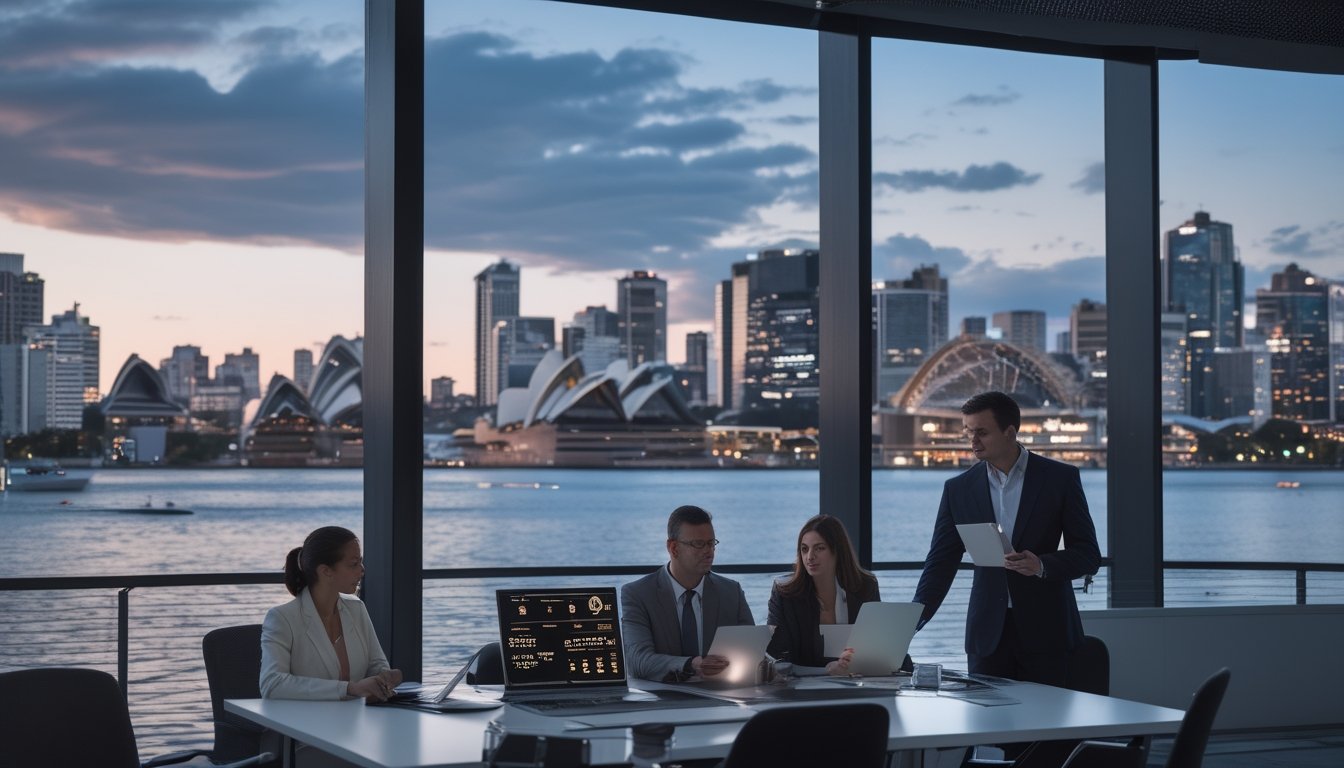 Tim profesional membahas kepatuhan dan pembayaran digital dengan latar suasana kota Sydney.