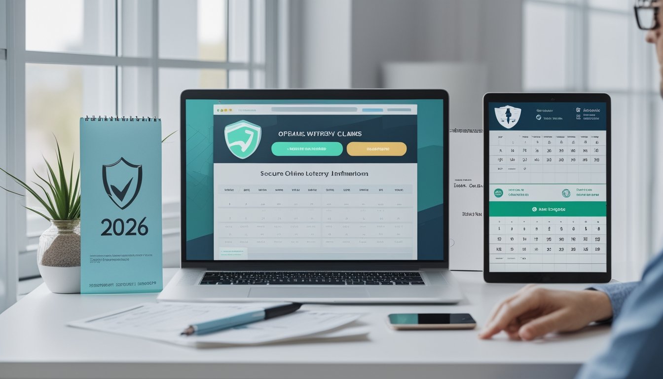 Seorang profesional memeriksa informasi digital dengan simbol verifikasi dan dokumen kosong di meja kerja modern.