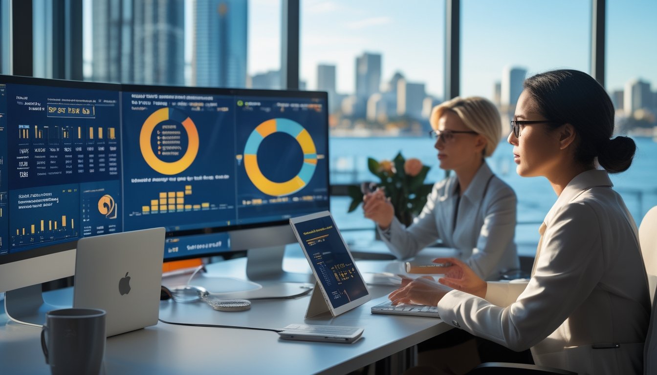 Tim analis meninjau data prediksi di kantor modern dengan latar langit Sydney.