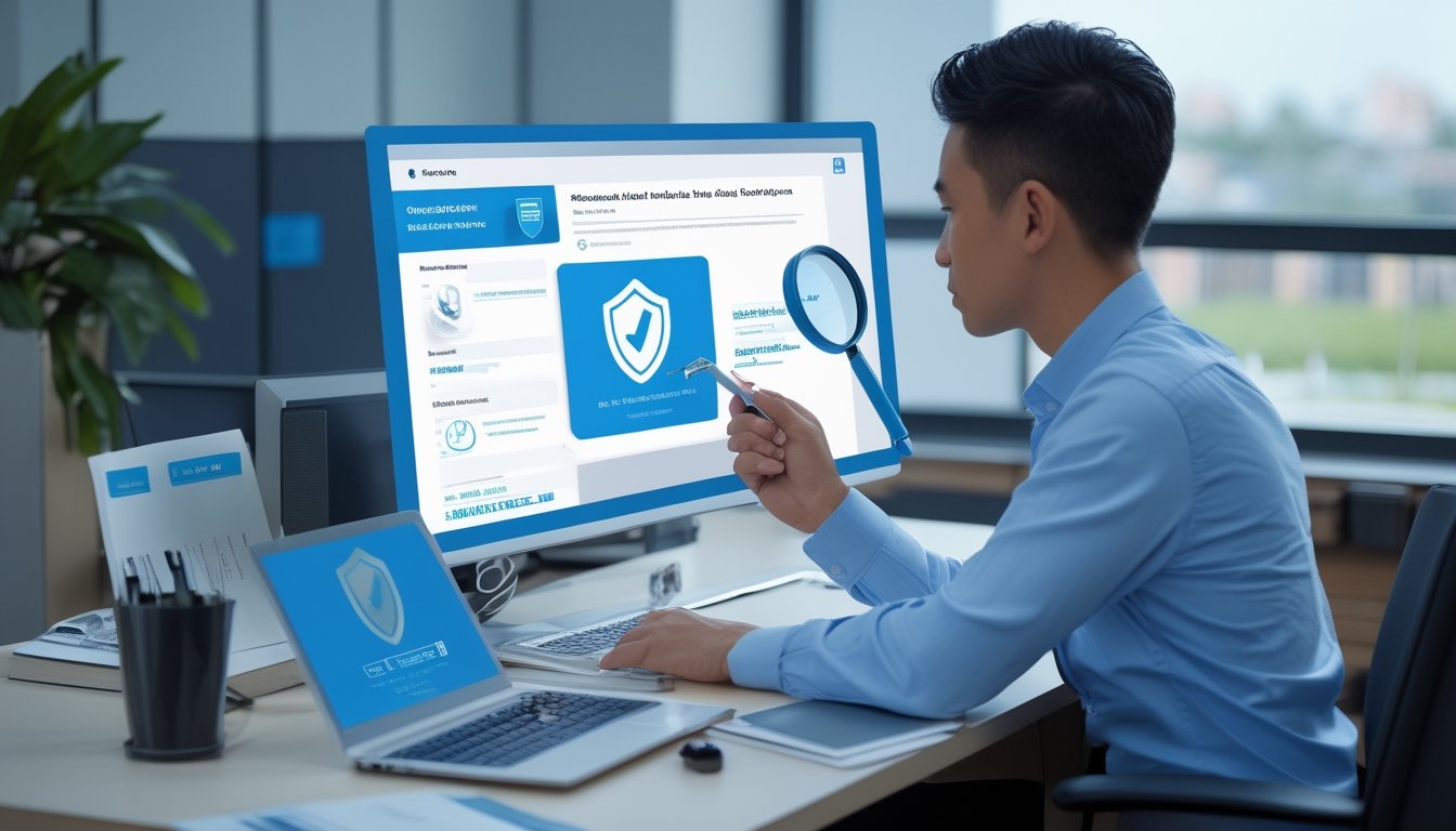Seorang profesional memeriksa keamanan dan legalitas platform daring menggunakan laptop dan ponsel.