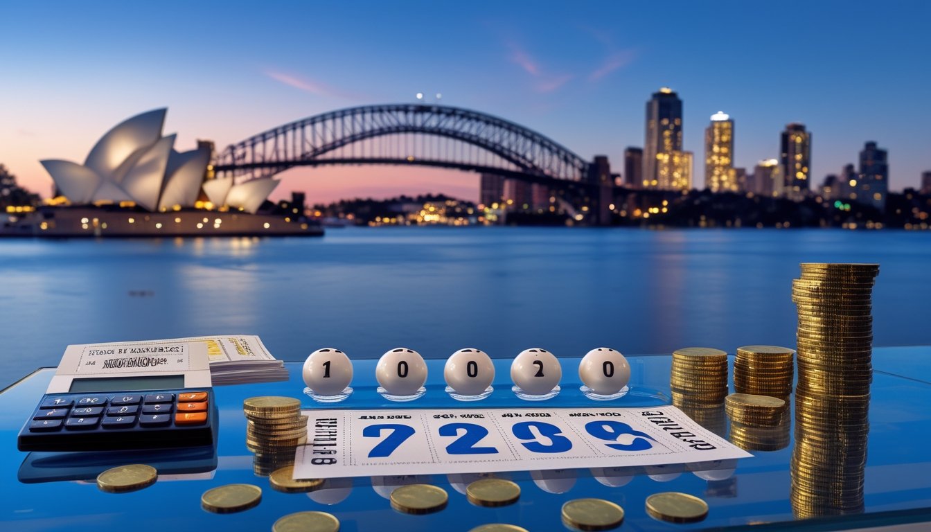 Pemandangan kota Sydney dengan tiket lotre generik, bola lotre, kalkulator, dan tumpukan koin emas di atas meja.