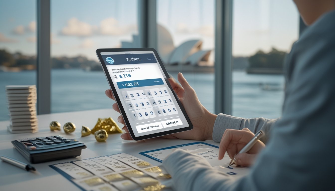 Seseorang meninjau hasil undian fiktif di tablet dengan perlengkapan perencanaan dan latar pelabuhan Sydney.