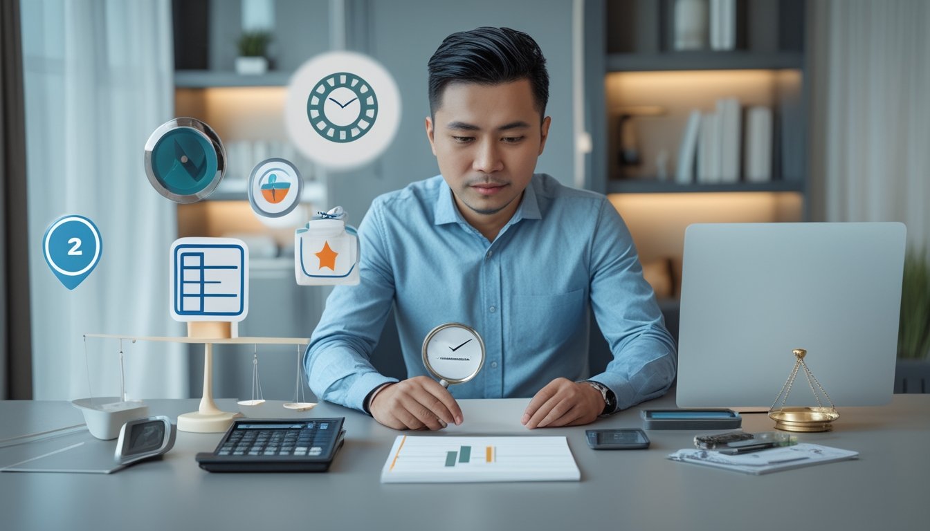 Seorang profesional membandingkan beberapa layanan digital di laptop dan ponsel dengan bantuan daftar periksa, simbol keamanan, jam, dan kalkulator.