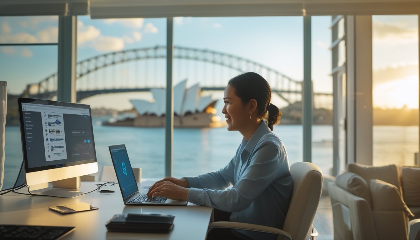 Pemula menggunakan laptop dengan pendamping profesional di ruang kerja modern berlatar pemandangan Sydney.