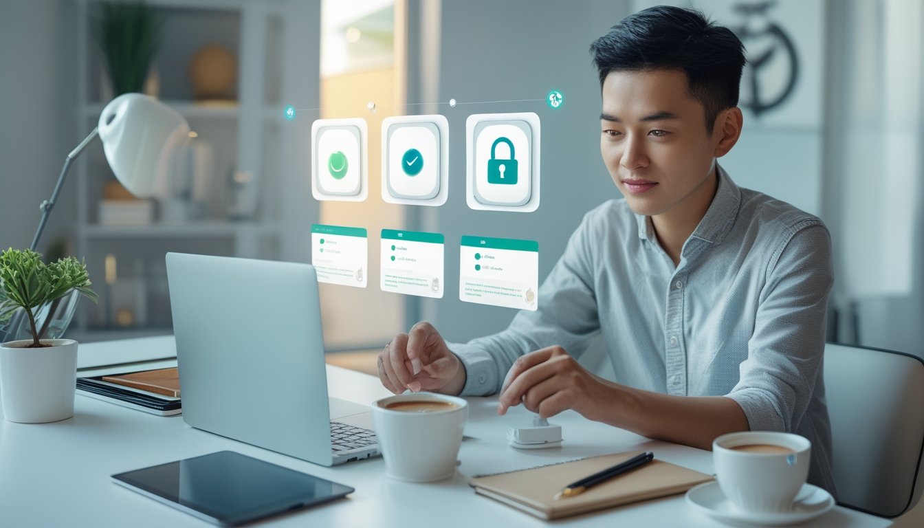 Pemula memeriksa keamanan dan perbandingan platform online di ruang kerja modern.