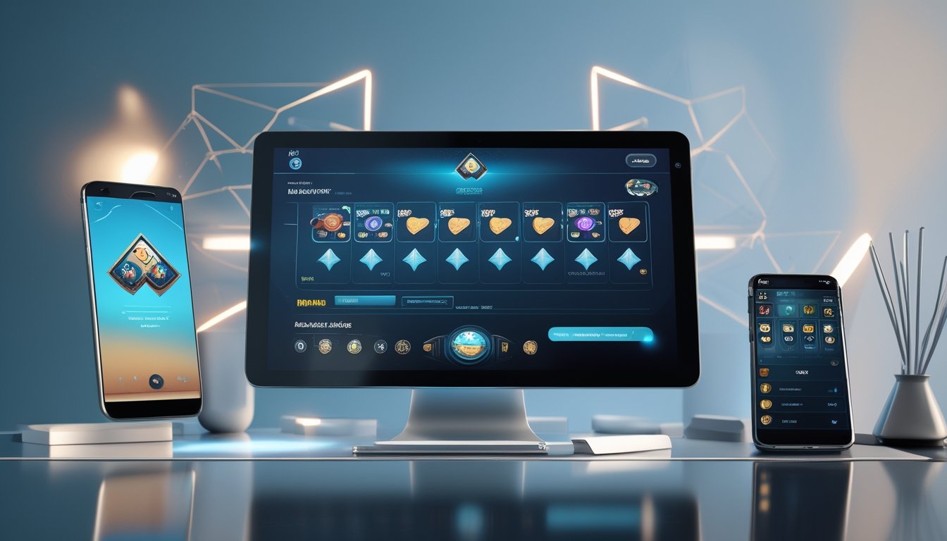 Ponsel dan tablet menampilkan antarmuka permainan kartu digital di atas meja modern.