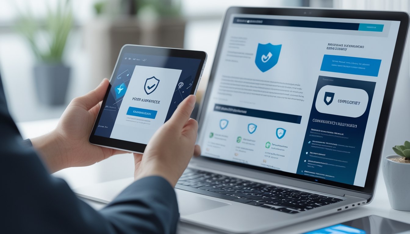 Seseorang memeriksa keamanan dan legalitas sebuah platform menggunakan ponsel dan tablet.