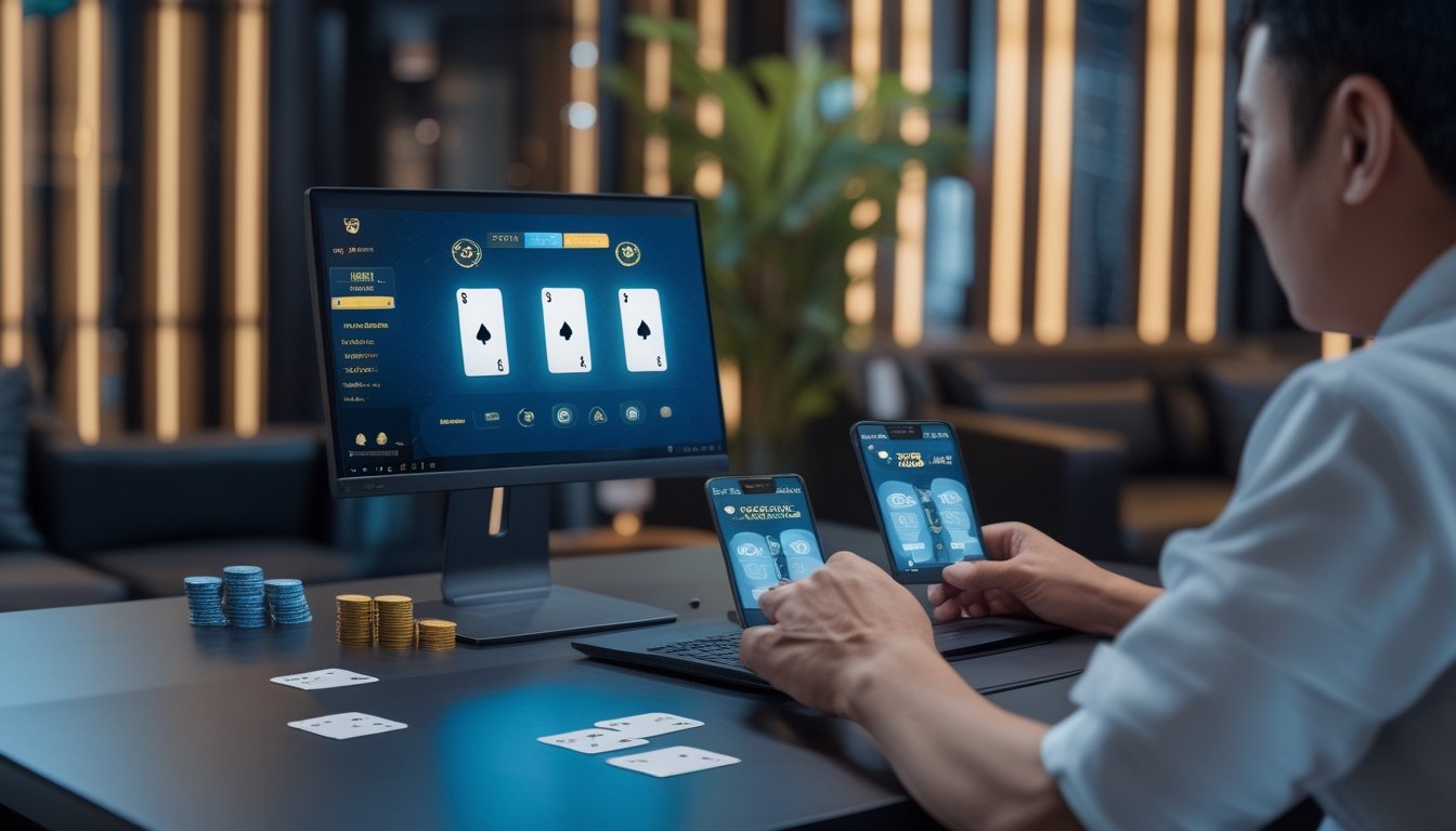 Pemain dewasa mempelajari permainan kartu di laptop dengan kartu dan chip tersusun di meja.