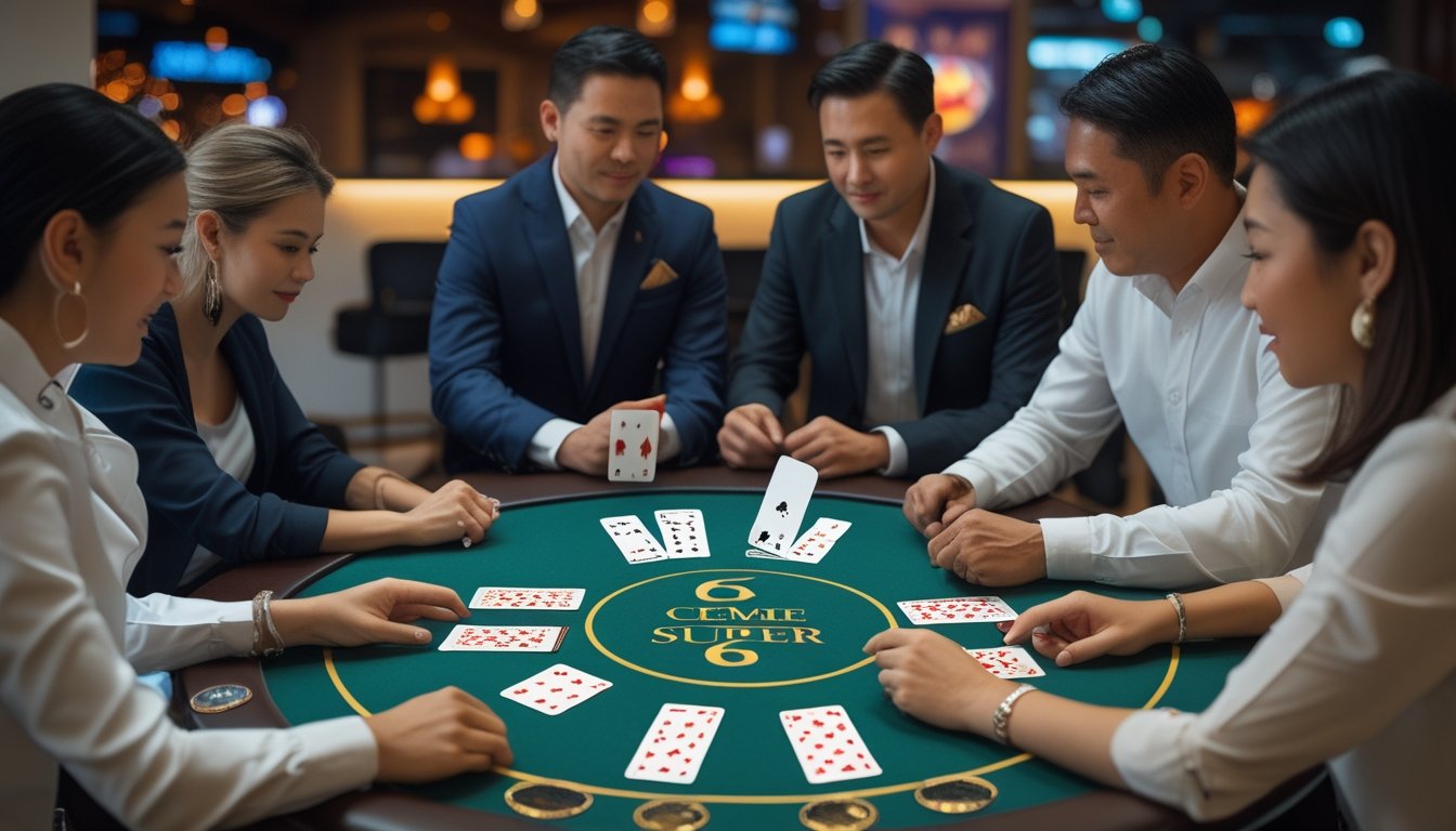 Pemain dewasa mempelajari aturan dan nilai kartu Ceme Super 6 bersama dealer di meja permainan.