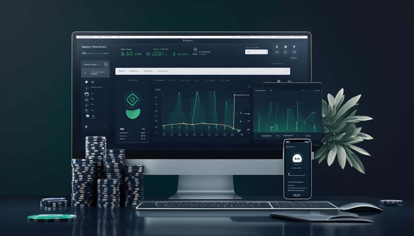 Perangkat digital menampilkan konsep platform permainan kartu dengan kartu dan chip di atas meja.