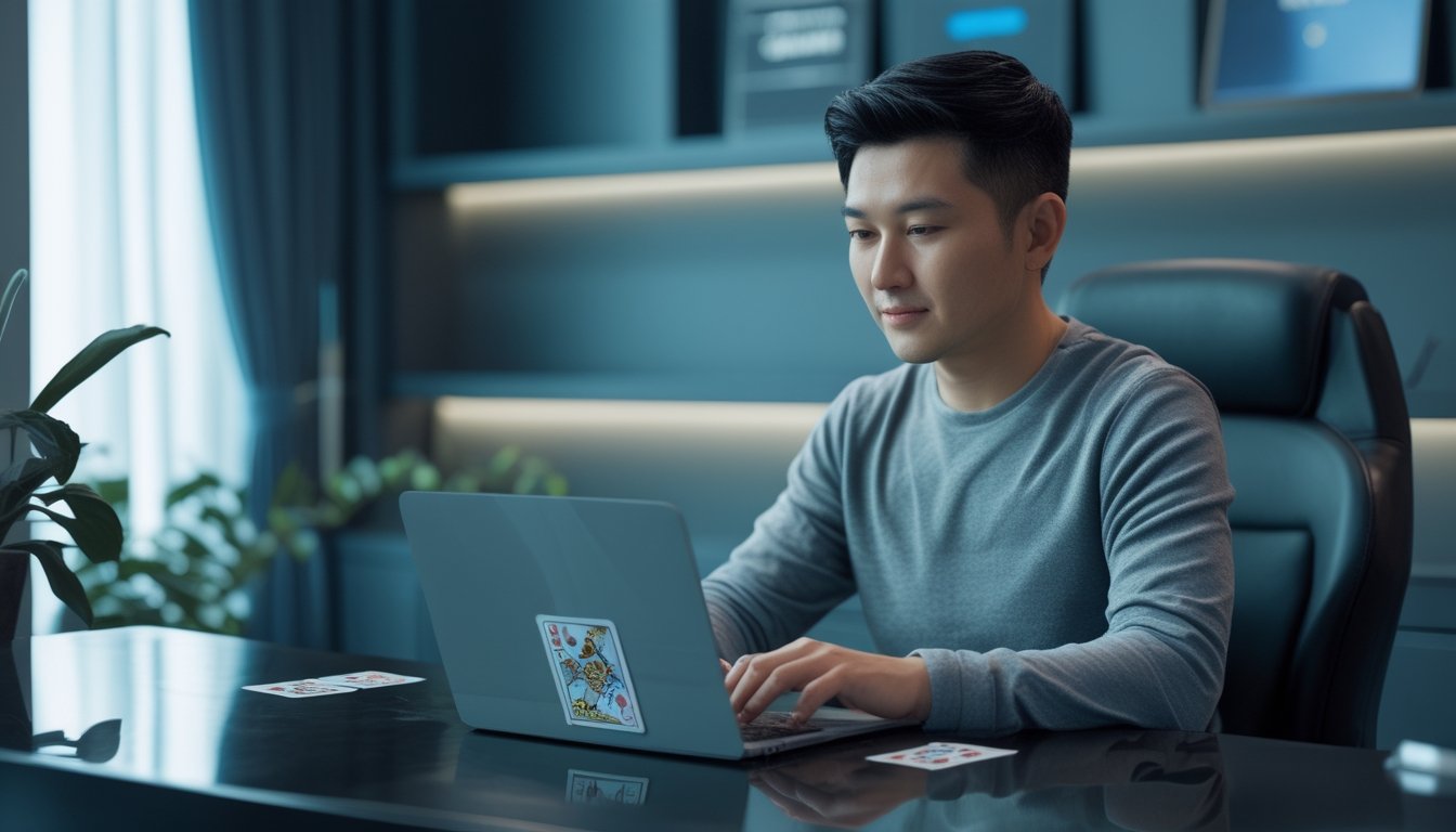 Seorang pemain menikmati permainan kartu di perangkat digital dalam ruang hiburan modern.