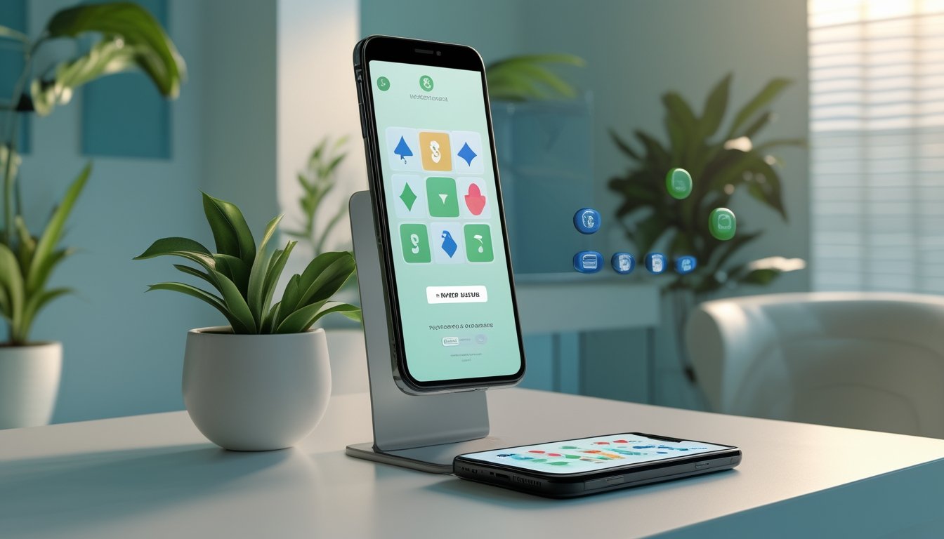Dua ponsel menampilkan permainan kartu digital dan ilustrasi dompet elektronik generik di atas meja modern.
