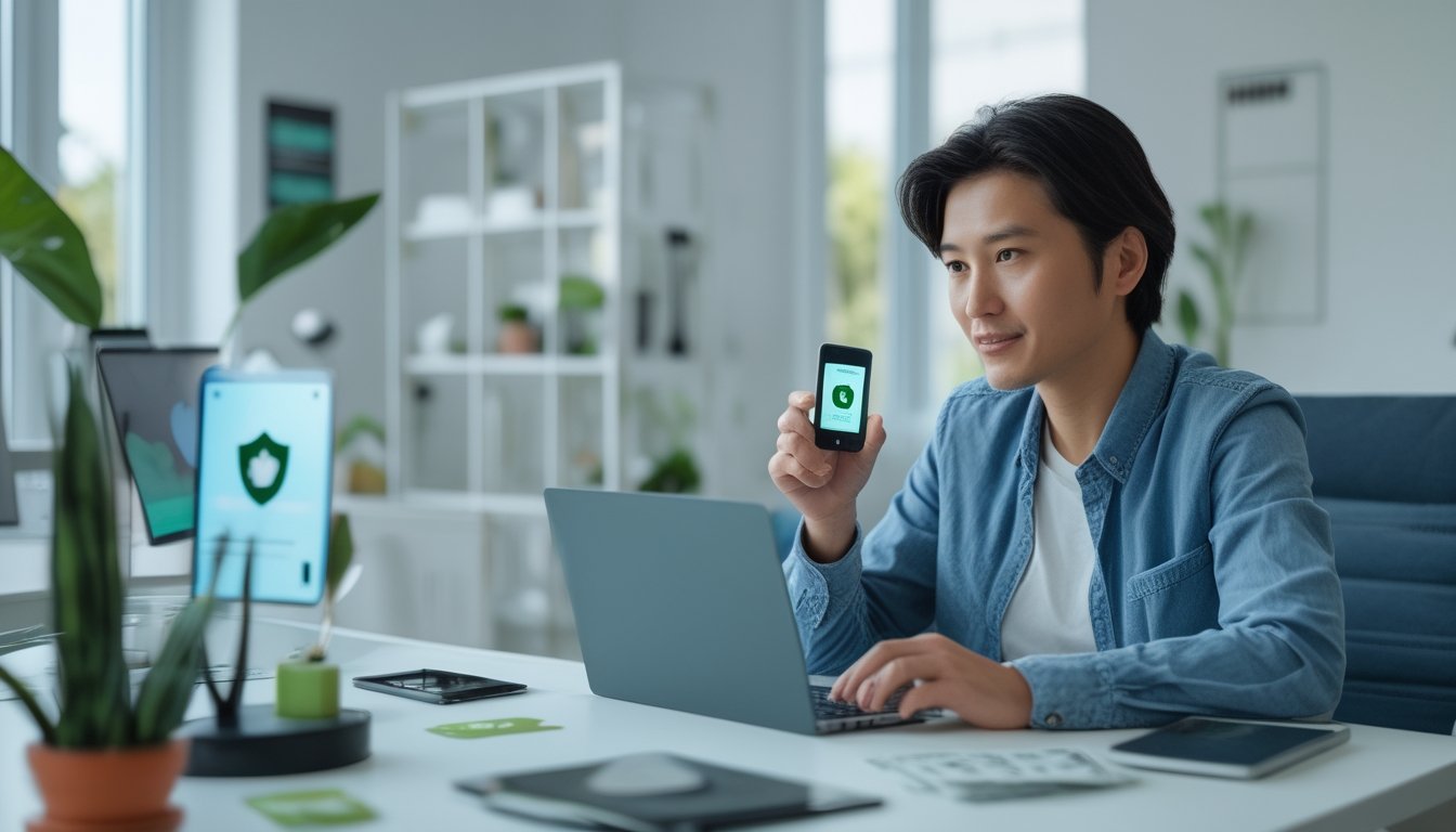 Seseorang memeriksa layanan permainan digital yang aman di laptop dengan simbol perisai dan kunci di meja kerja.