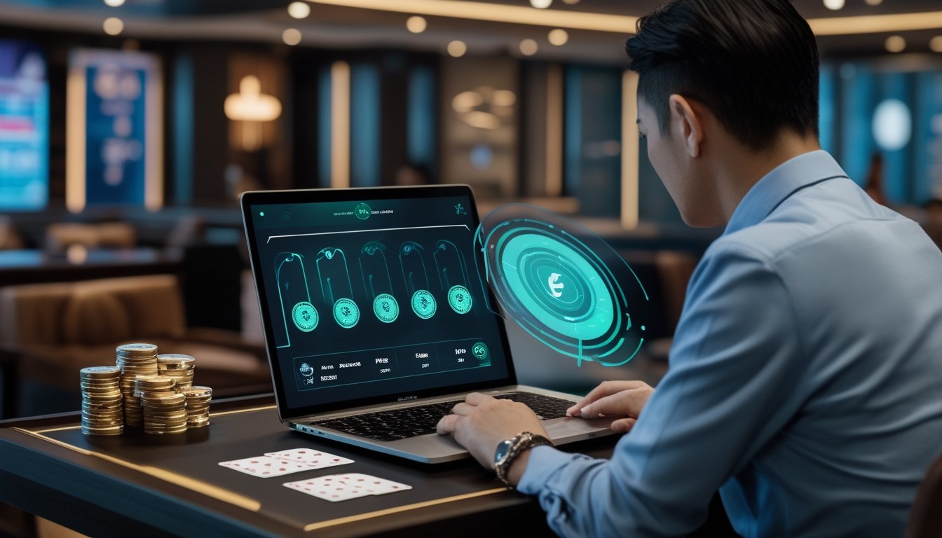 Pemain dewasa melihat dasbor digital dengan kartu permainan di meja dan simbol bonus berulang.