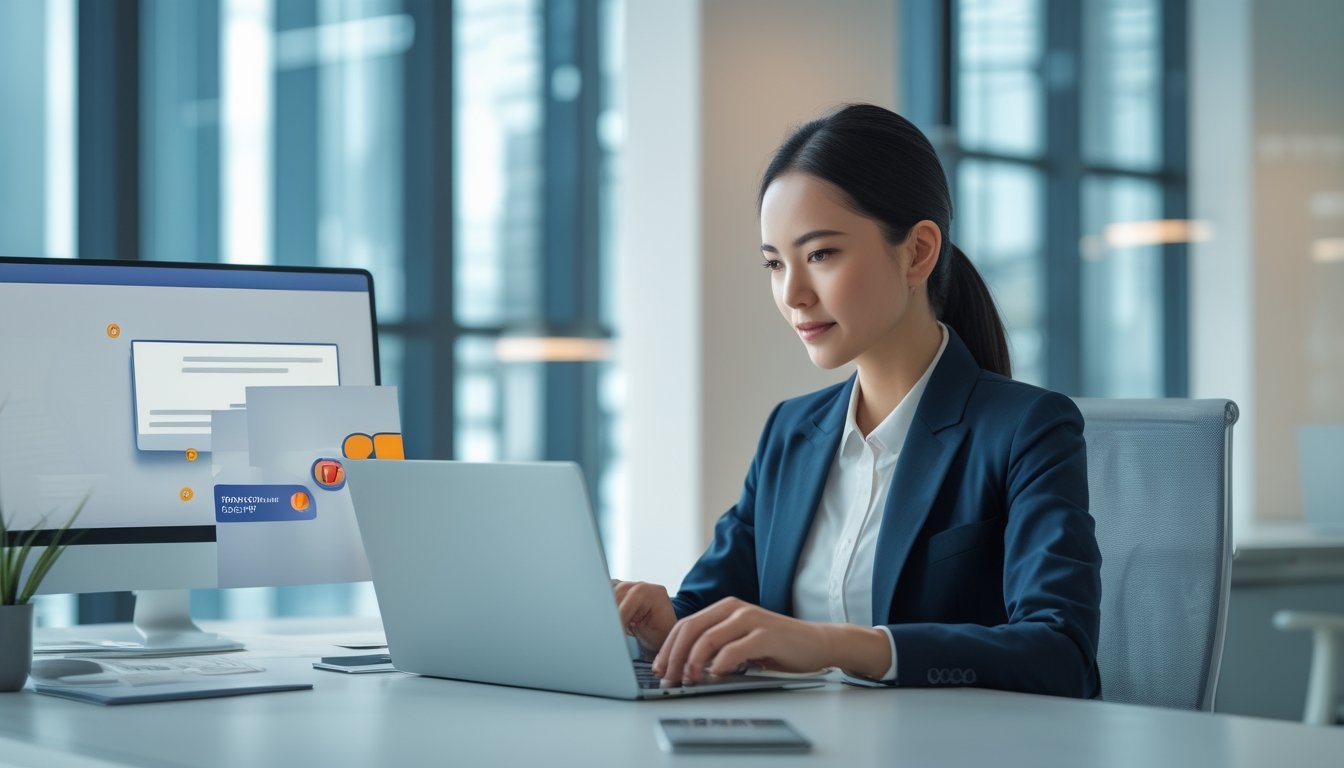 Seorang profesional menggunakan laptop dan ponsel di meja kerja dalam suasana kantor modern dengan elemen pembayaran digital.