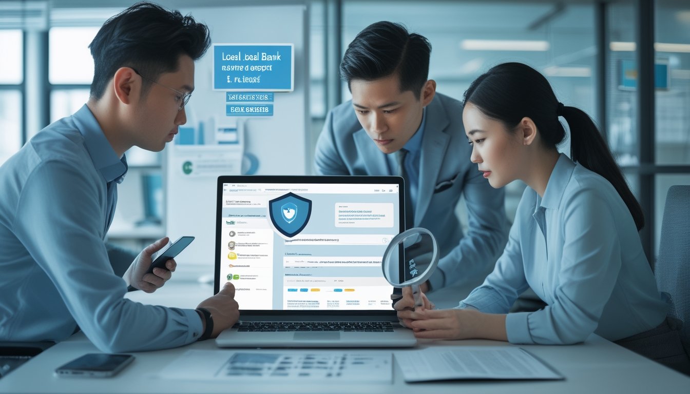 Tim profesional memeriksa keamanan dan kepatuhan platform pembayaran digital menggunakan laptop dan dokumen.