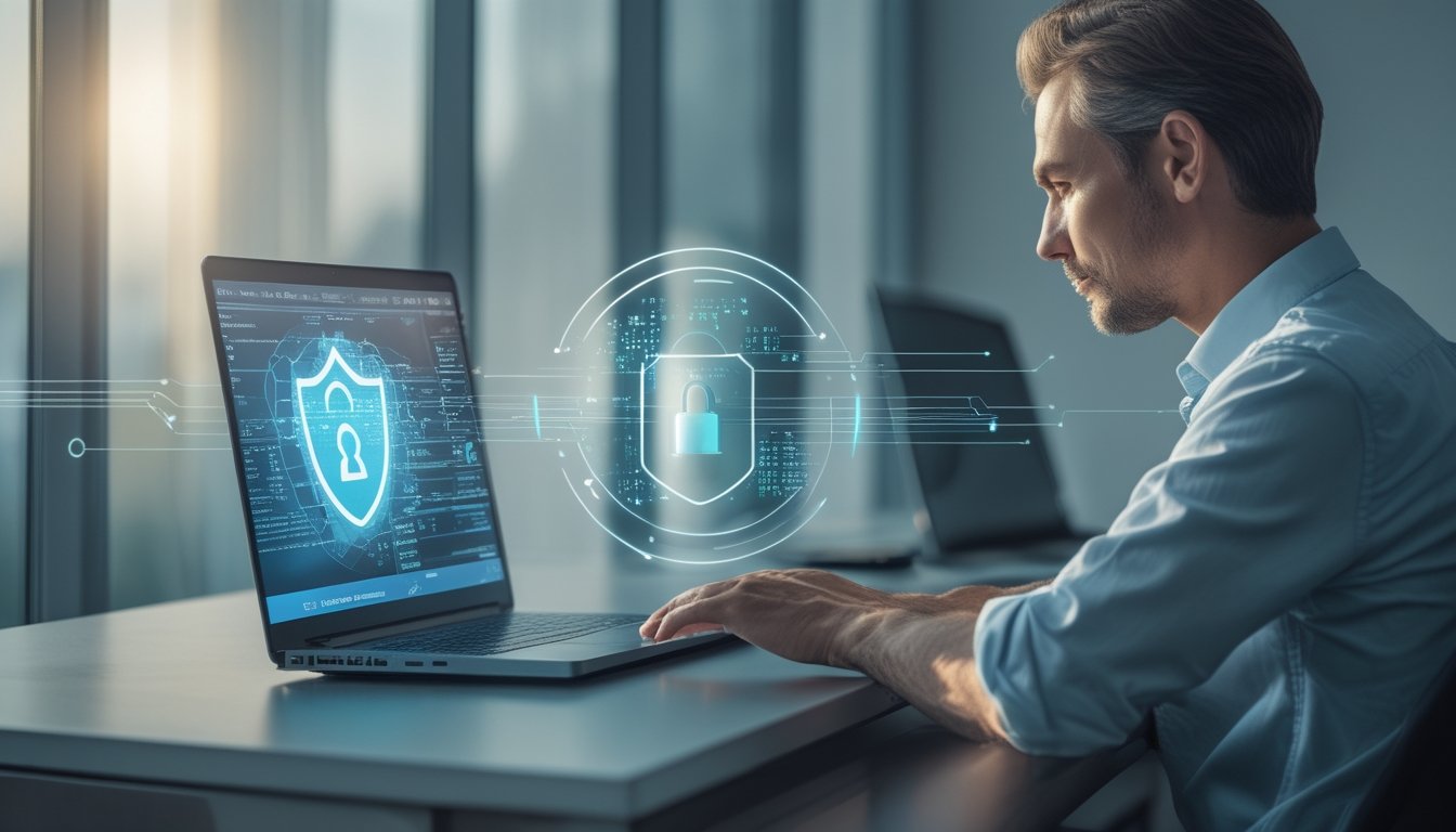 Pengguna melihat laptop dengan simbol perisai dan gembok yang menggambarkan perlindungan data terenkripsi.