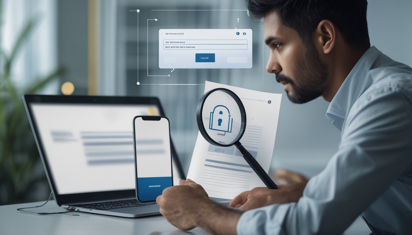 Seorang analis meninjau dokumen legal dan perangkat digital dengan simbol peringatan serta keamanan siber.