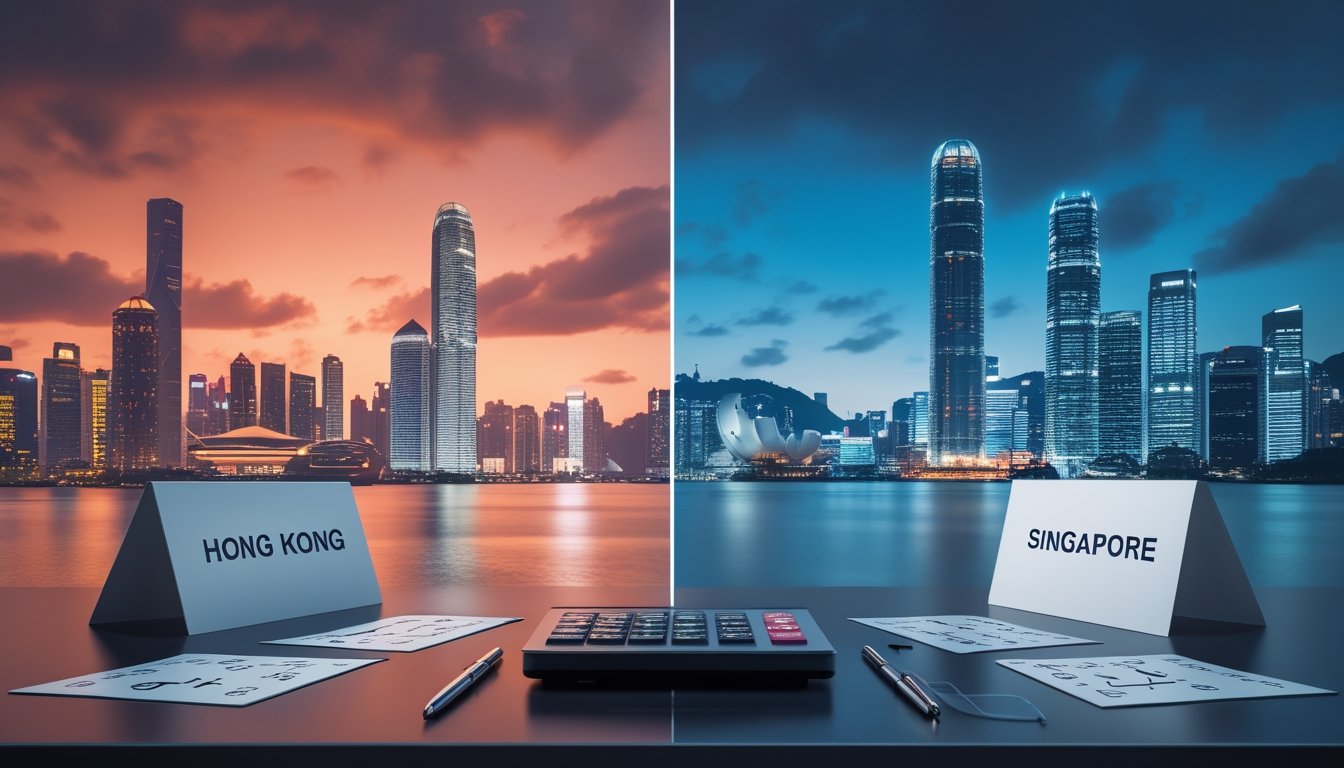 Meja profesional dengan perlengkapan analisis dan dua pemandangan kota yang mewakili Hong Kong dan Singapura.