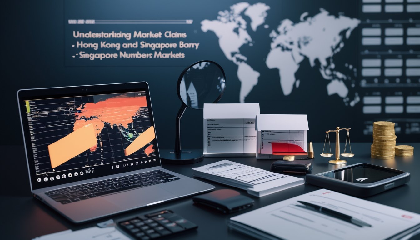 Meja kerja analis dengan peta Hong Kong dan Singapura, dokumen kosong, laptop berisi grafik buram, serta simbol verifikasi dan regulasi.
