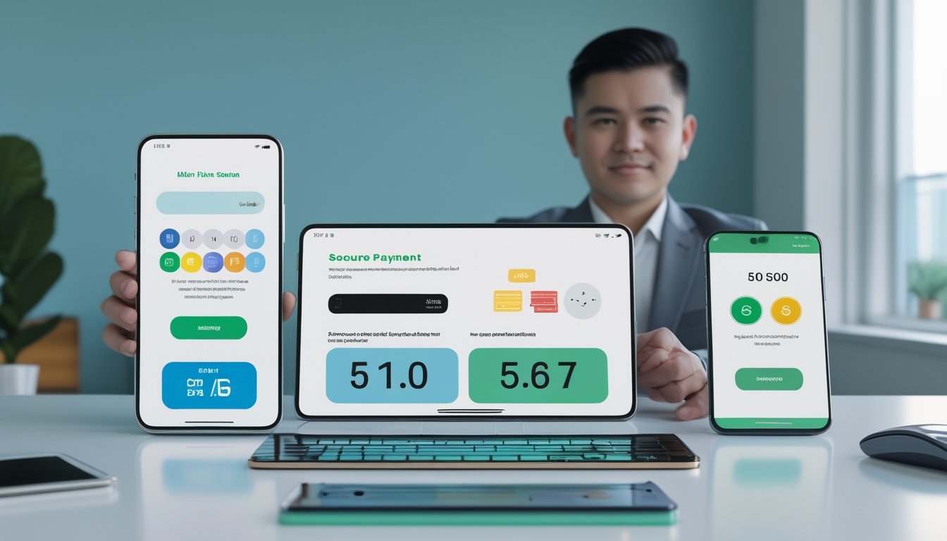 Seorang profesional menggunakan ponsel dan tablet untuk layanan permainan digital serta pembayaran seluler di meja kerja modern.