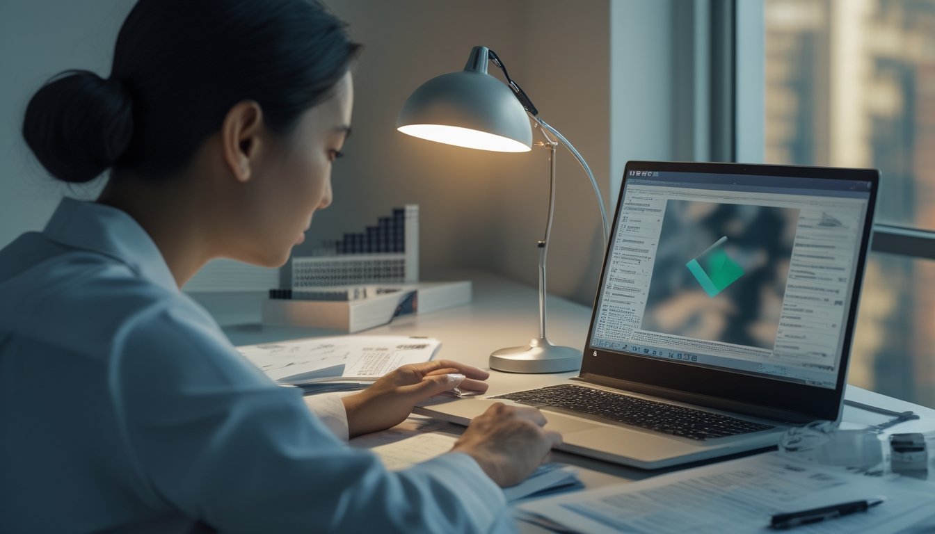 Seseorang meninjau dokumen hukum dan keuangan di samping laptop dalam suasana kerja yang serius.