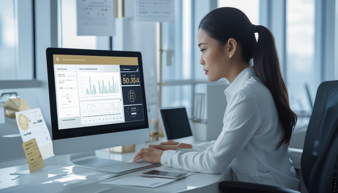 Seorang analis bekerja di depan laptop yang menampilkan grafik angka dan data abstrak di meja kerja modern.