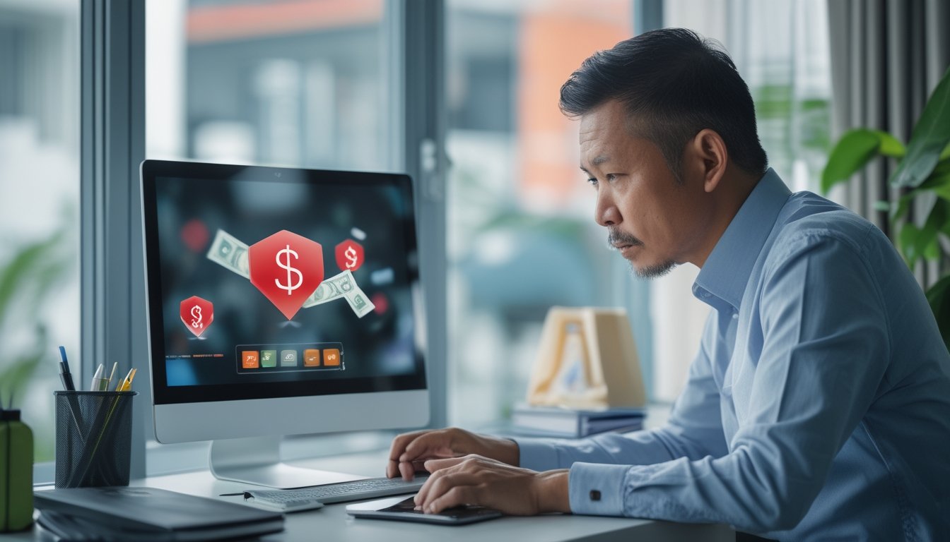 Seorang dewasa Indonesia menatap laptop dengan tampilan perjudian daring yang dibuat buram di meja kerja, disertai dokumen dan simbol peringatan.