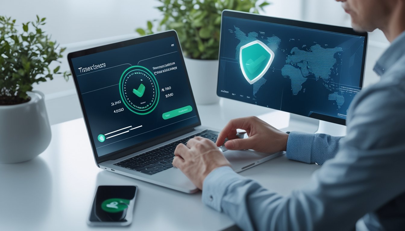 Seseorang menggunakan laptop dan ponsel untuk memantau transaksi digital yang aman dan cepat.