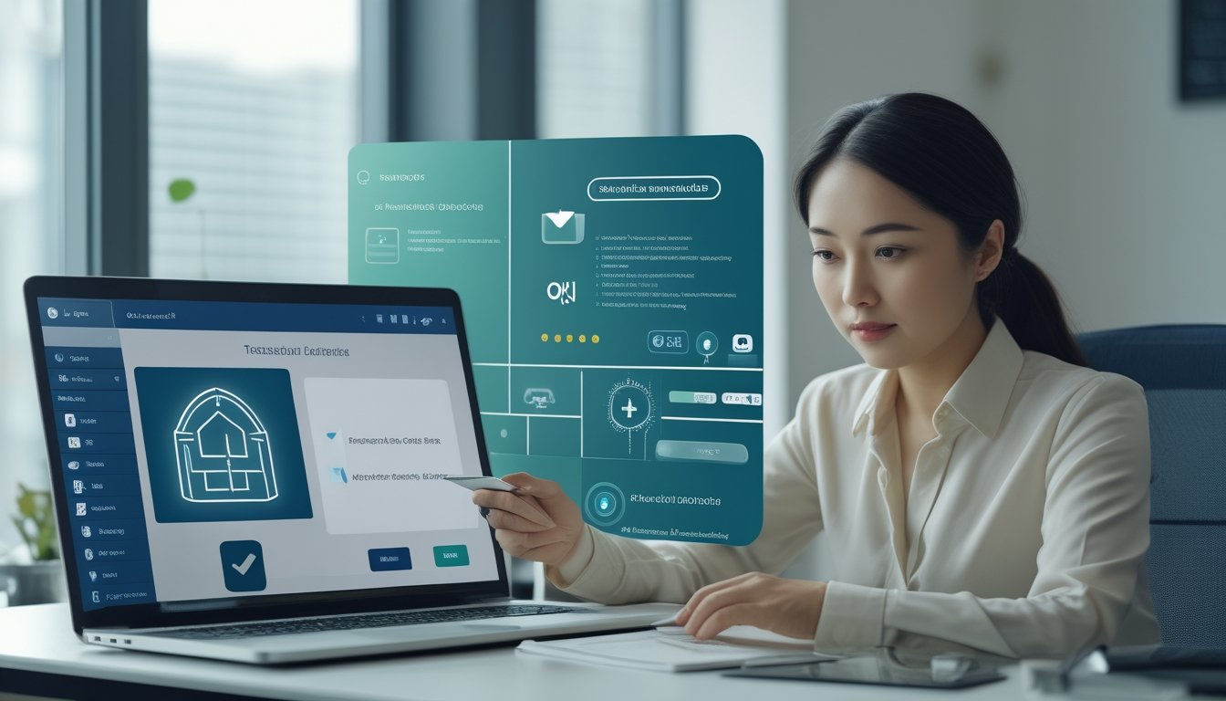 Seorang analis memeriksa keamanan dan kredibilitas platform digital di laptop dan ponsel.