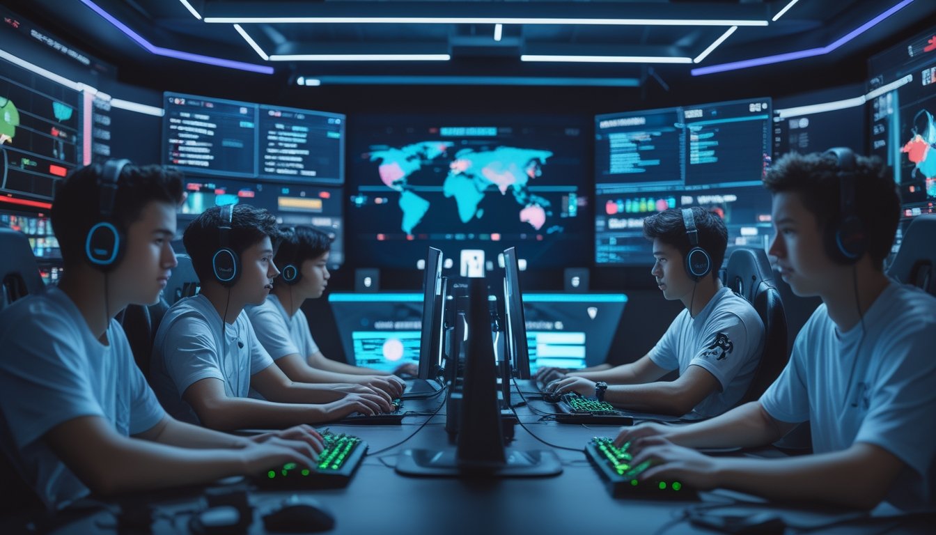 Sekelompok pemain mengikuti turnamen esports online di ruang gaming modern dengan beberapa monitor dan pencahayaan warna-warni.