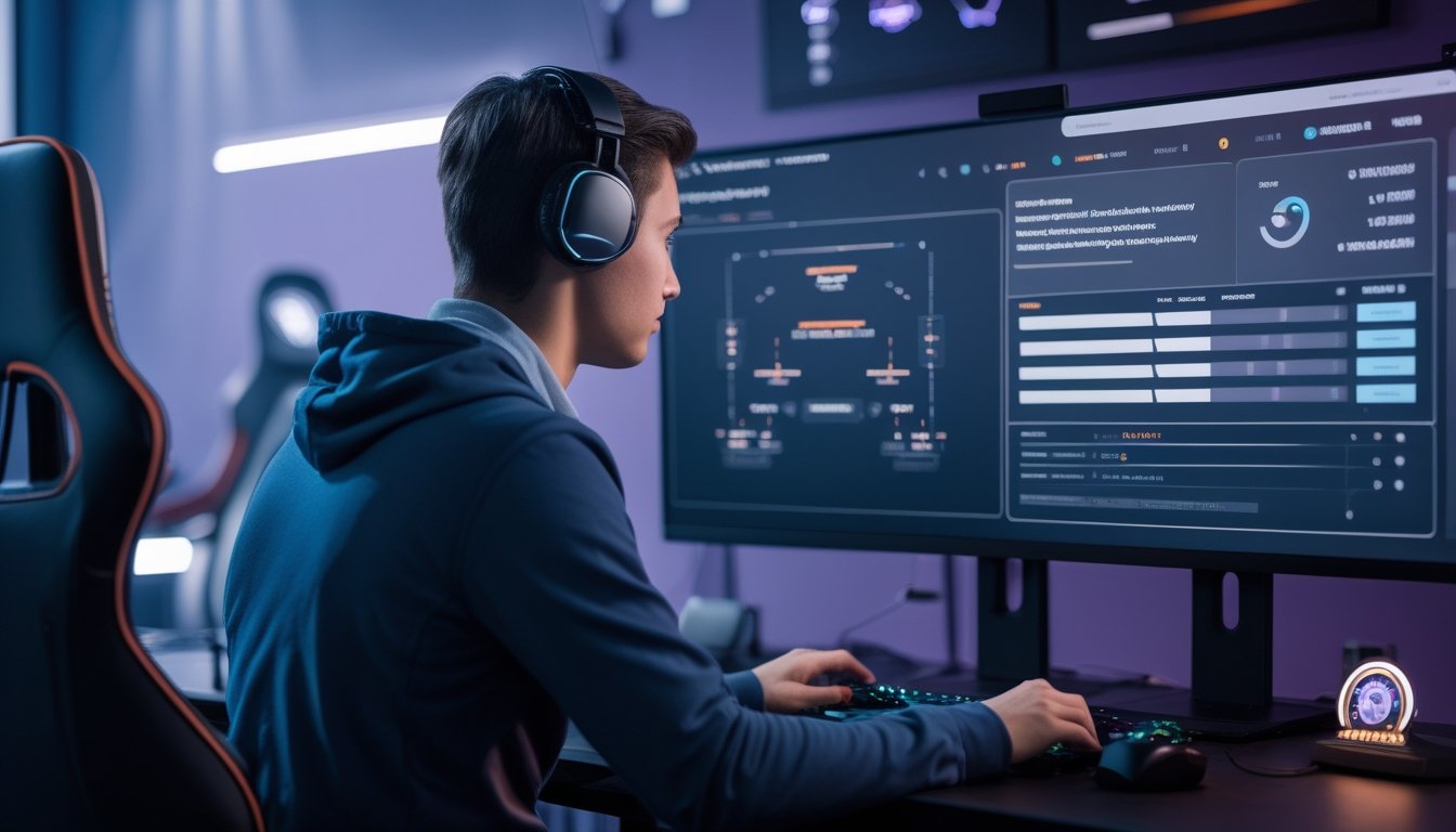 Analis esports menilai kredibilitas platform turnamen online melalui beberapa layar komputer.