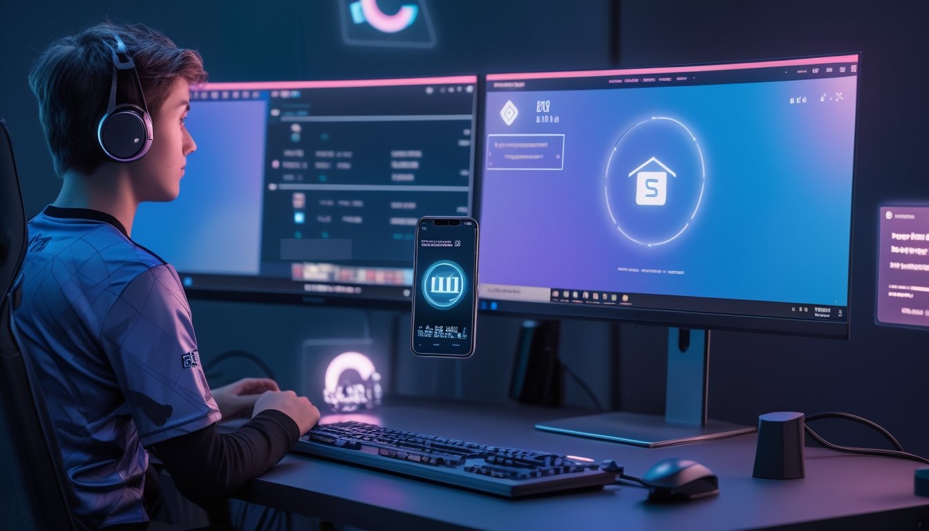 Gamer menggunakan komputer dan ponsel untuk melakukan pembayaran digital melalui QR code di ruang kerja modern.
