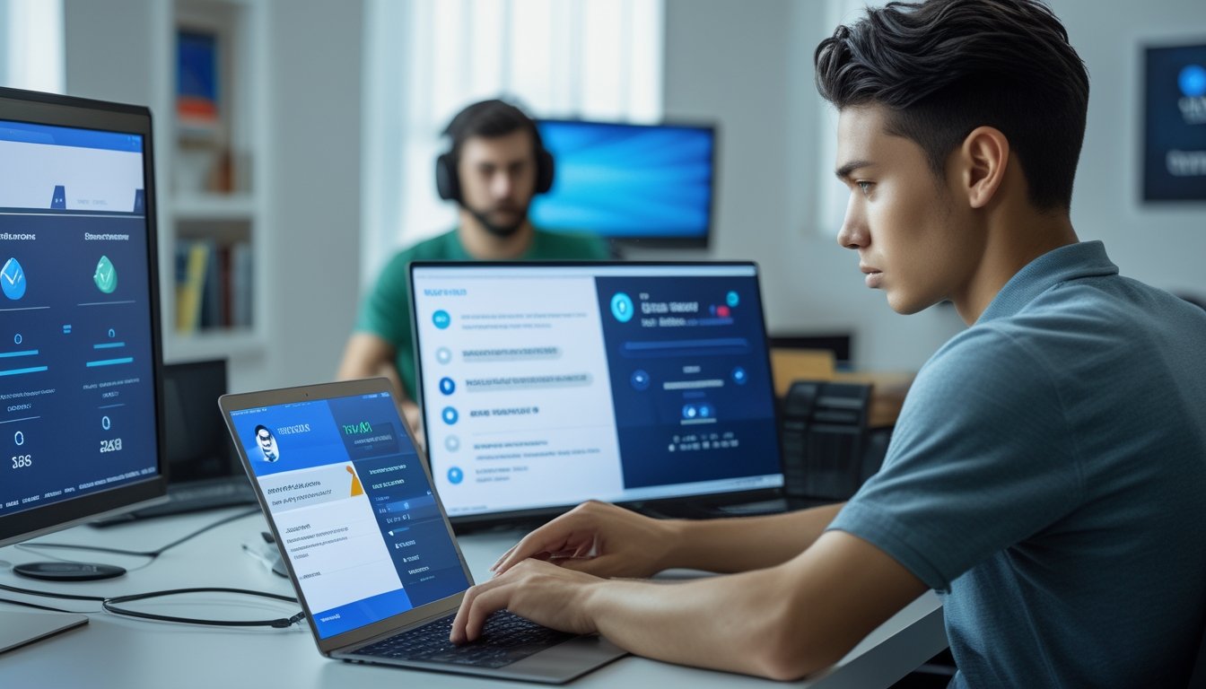 Seseorang memeriksa keamanan dan riwayat transaksi digital melalui laptop dan ponsel, dengan kode QR serta dukungan layanan di lingkungan kerja modern.