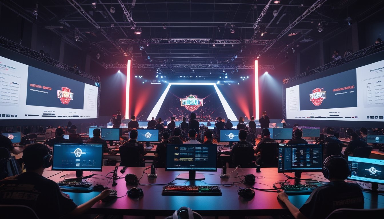 Suasana turnamen esports internasional di Indonesia dengan pemain profesional, penonton, dan layar digital di arena modern.