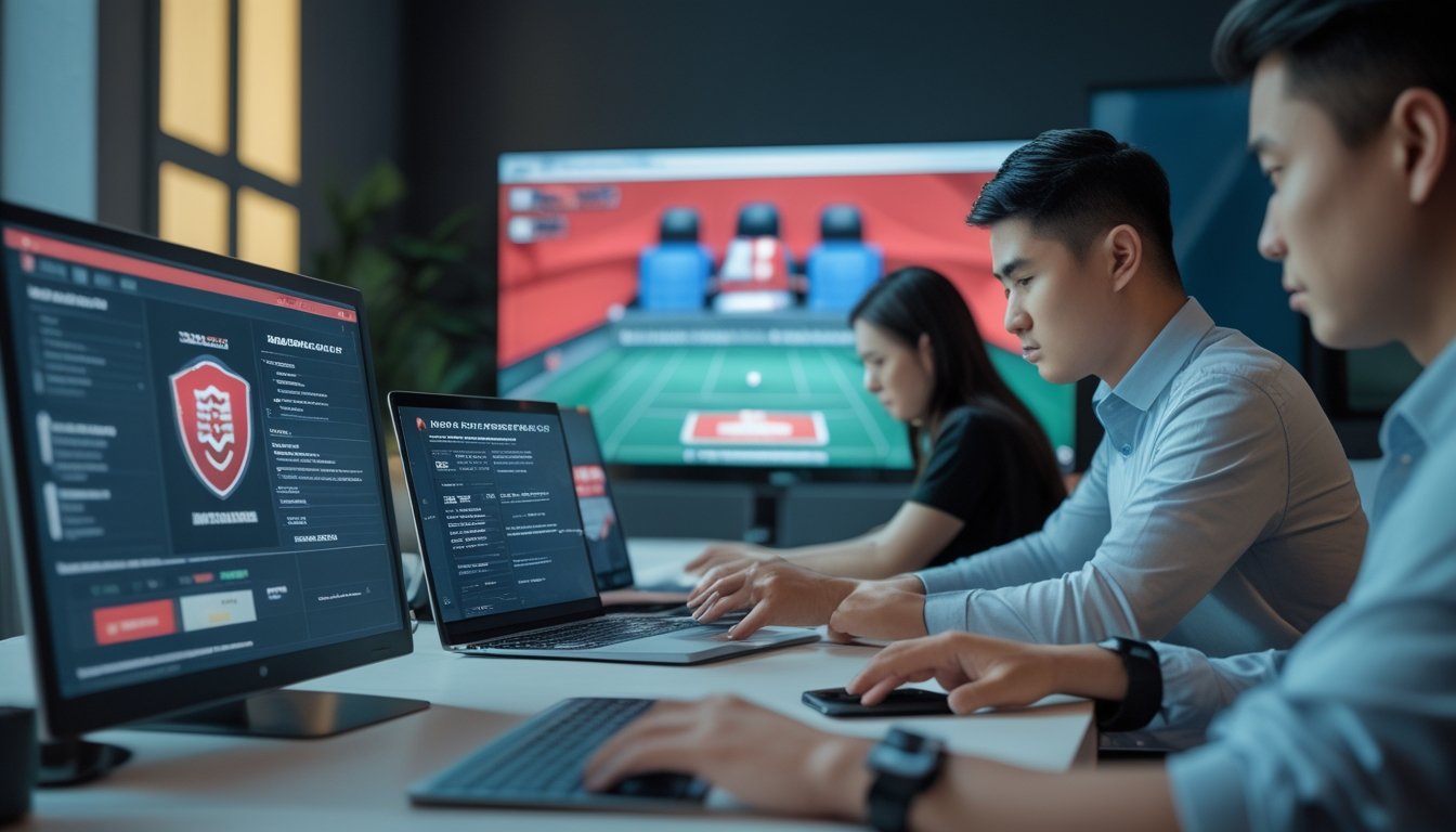 Orang dewasa Indonesia memeriksa platform turnamen esports dan informasi lisensi di ruang kerja modern.